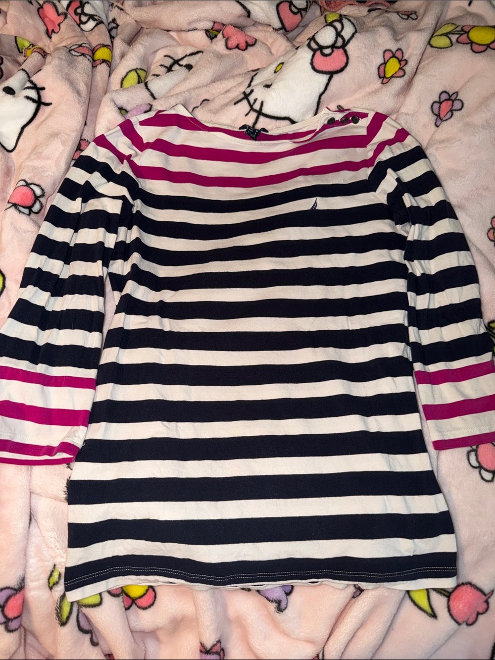 Nautica Navy, White & Pink Striped Boatneck Top
